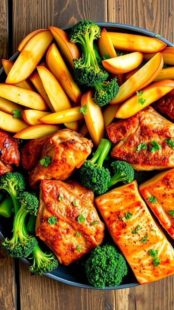 A colorful platter featuring air-fried chicken wings, potato wedges, broccoli, and salmon, highlighting the versatility of air fryer cooking.